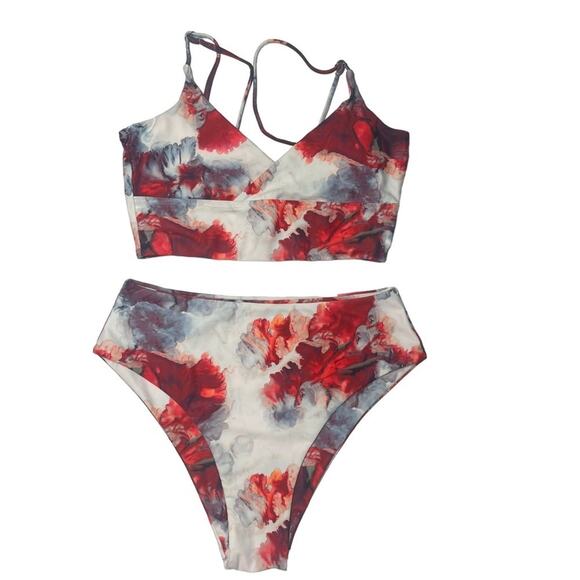 ROMWE Womens Bikini Swimsuit Size Small Red Black Tie Dye Split Thigh High Beach - Picture 1 of 9